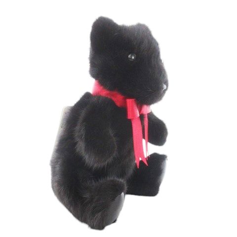 ノーブランド ぬいぐるみ ミンクベアー テディベア ミンクファー 毛皮 リボン レザー 革 切替 黒 ブラック CK28 GY11