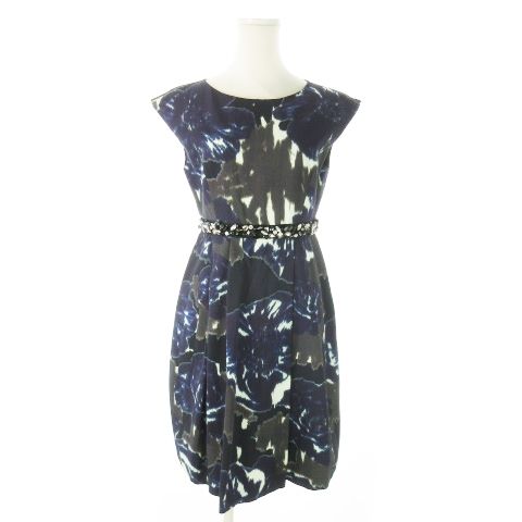 グレースクラス GRACE Class ミニ丈ワンピース ノースリーブ ビジュー モザイク 花柄 総柄 36 S 紺 ネイビー AO14 GY99