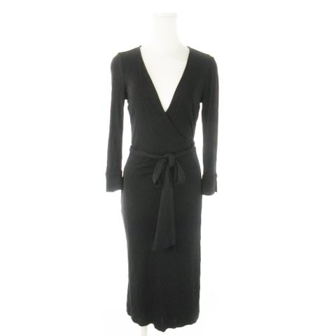 ダイアンフォンファステンバーグ DIANE von カシュクールワンピース ミモレ ロング 七分袖 ストレッチ リボン 2 M 黒 ブラック AO 1 GY 99