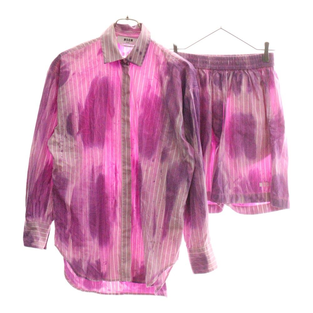 MSGM エムエスジーエム セットアップ タイダイ染め ストライプ総柄 比翼ボタン オーバーサイズ 長袖シャツ ロゴプリント ショート ハーフパンツ ショーツ パープル ピンク 2841MDE05EX