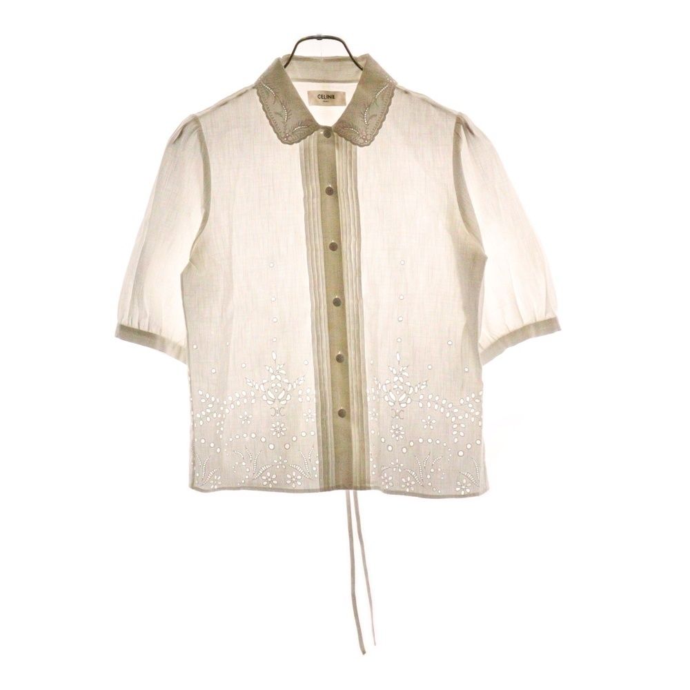 CELINE セリーヌ トリオンフ ボタン コットン レース刺繍 パフスリーブ 半袖 シャツ ブラウス ホワイト レディース 2B499122I
