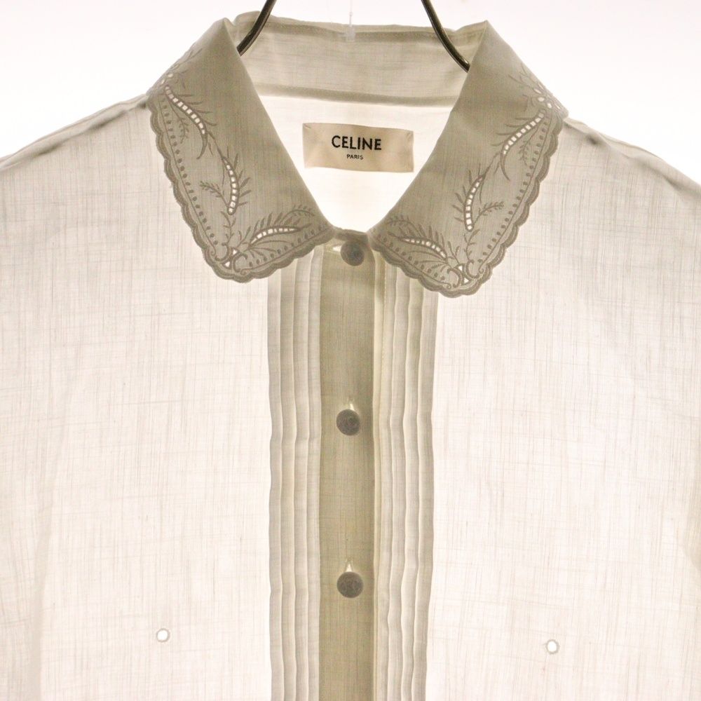 CELINE セリーヌ トリオンフ ボタン コットン レース刺繍 パフスリーブ 半袖 シャツ ブラウス ホワイト レディース 2B499122I GINKGOPHARMACY_COM