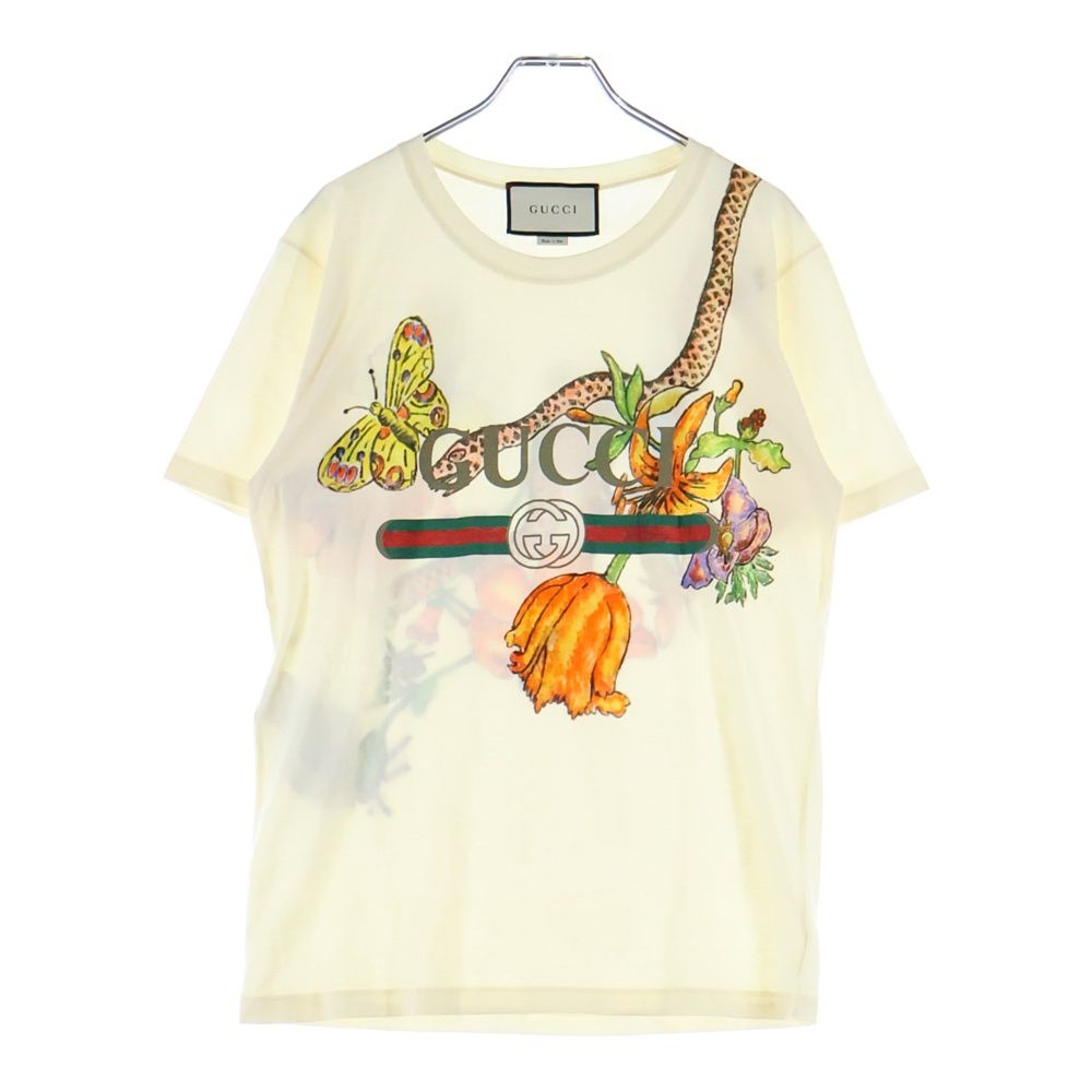 GUCCI グッチ ヴィンテージロゴ スネーク フラワー プリント クルーネック 半袖Tシャツ カットソー イエロー 492347