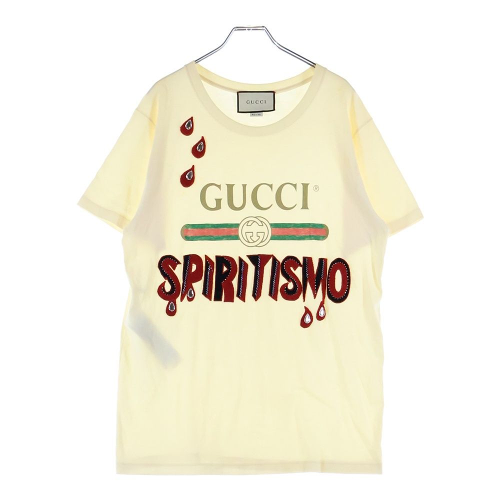 GUCCI グッチ SPIRITISMO ビーズ刺繍 ヴィンテージロゴプリント クルーネック 半袖Tシャツ カットソー イエロー 492347