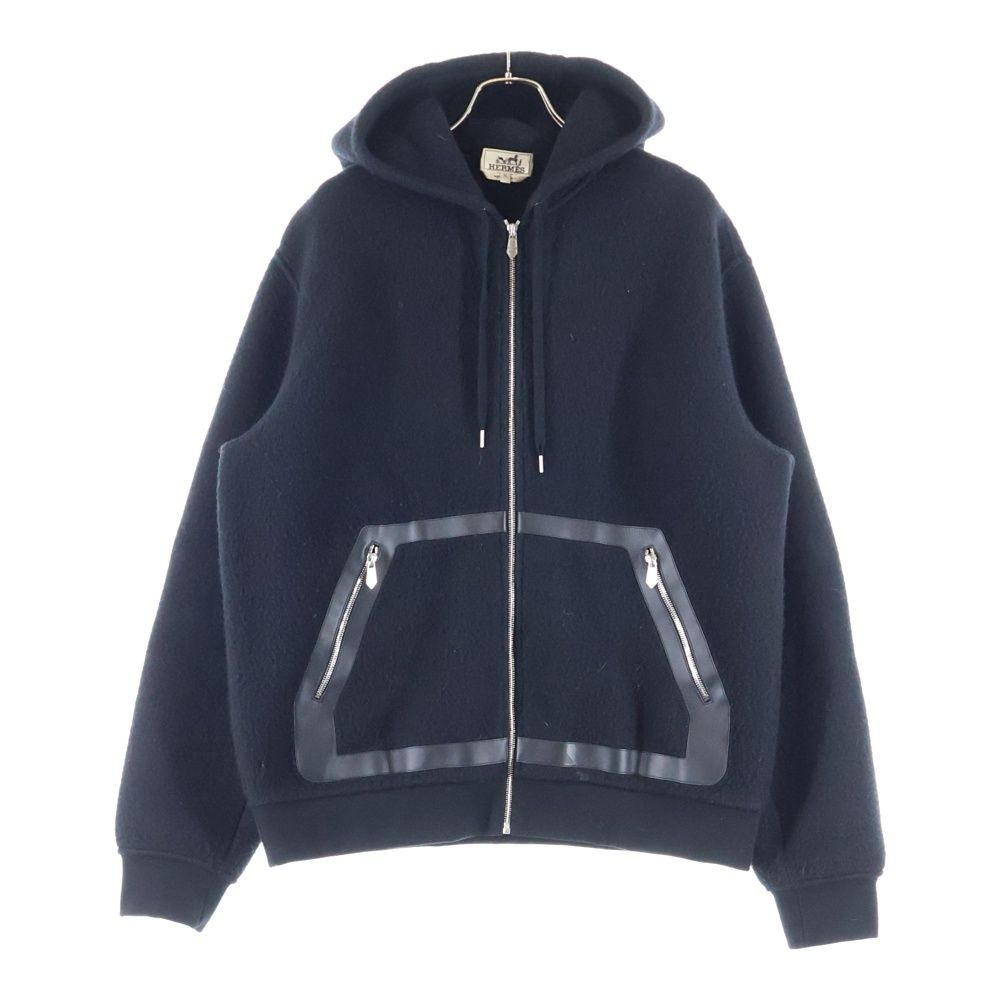 HERMES エルメス 22 AW レザーパイピング カシミヤ ジップアップフーデッド ジャケット ブラック