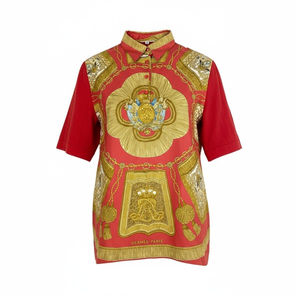 74k11 HERMES エルメス 半袖シルクシャツ スカーフ柄 ハーフボタン イタリア製 Mサイズ レッド レディースu02t