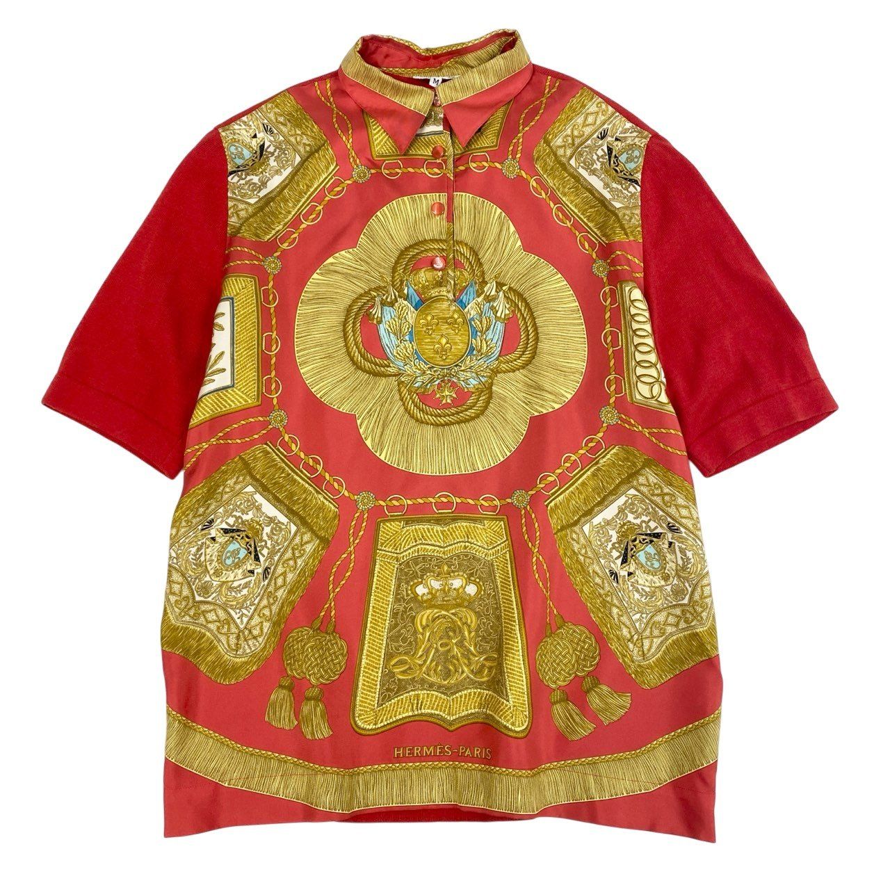 74k11 HERMES エルメス 半袖シルクシャツ スカーフ柄 ハーフボタン イタリア製 Mサイズ レッド レディースu02t