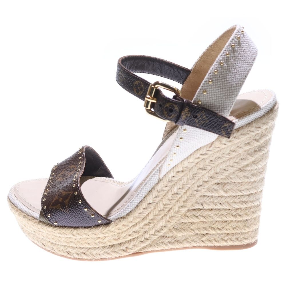 LOUIS VUITTON ルイヴィトン コーストライン モノグラム PVC キャンバス レザー エスパドリーユ ウェッジソール ヒール ストラップ サンダル シューズ ブラウン ベージュ レディース 1 A 8 NNL