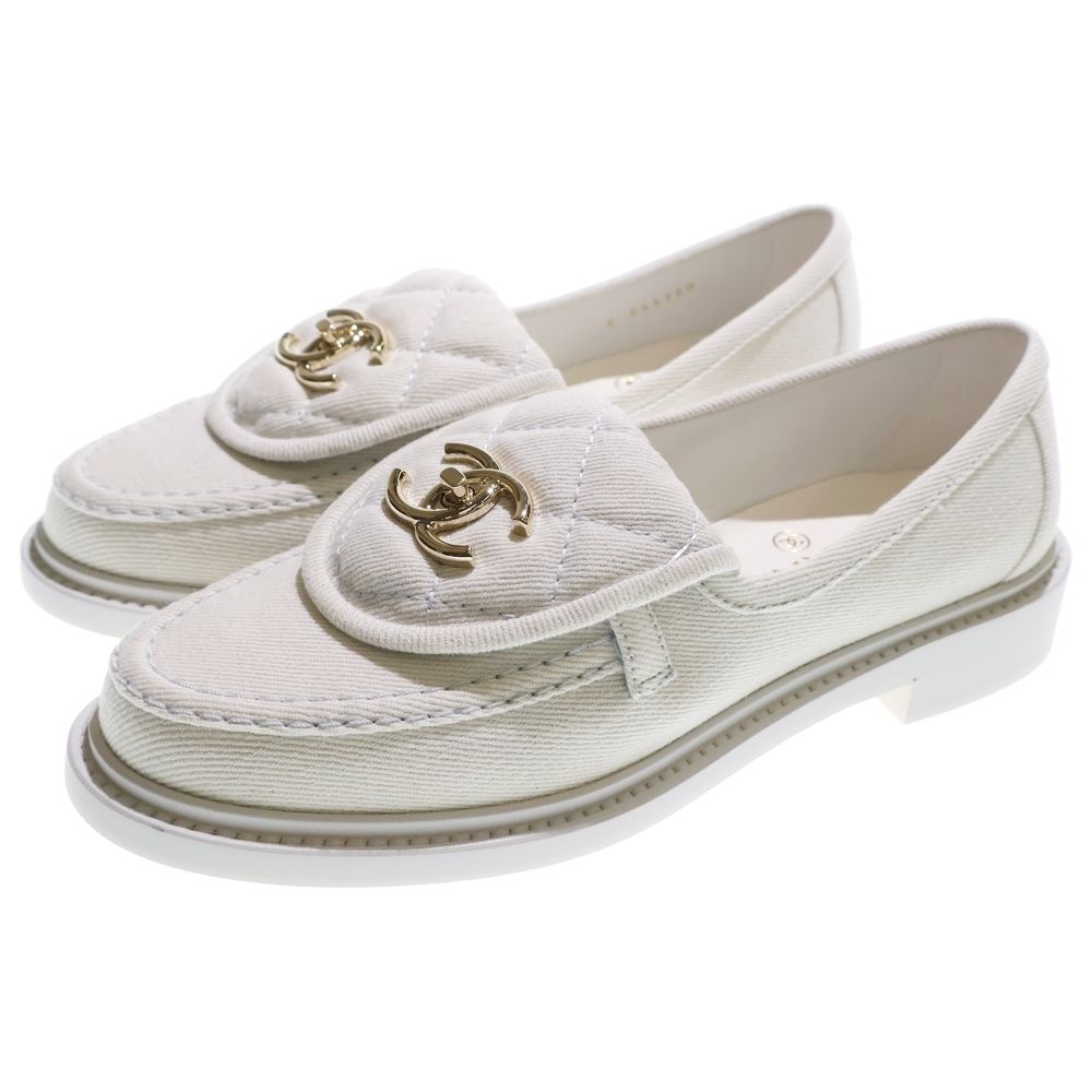 CHANEL シャネル ココマーク マトラッセ デニム ローファー シューズ レディース ホワイト G 45720