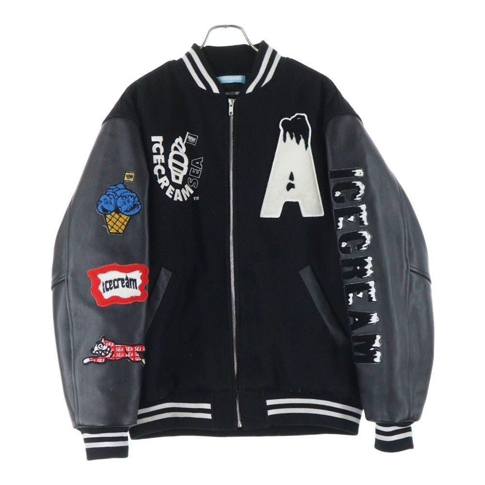 ICE CREAM アイスクリーム × WIND AND SEA VARSITY JACKET パッチ刺繍 スタジャン レザー切り替え ジャケット ブラック ICJP215SX004