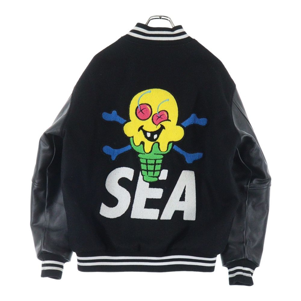 ICE CREAM アイスクリーム × WIND AND SEA VARSITY JACKET パッチ刺繍 スタジャン レザー切り替え ジャケット ブラック ICJP215SX004