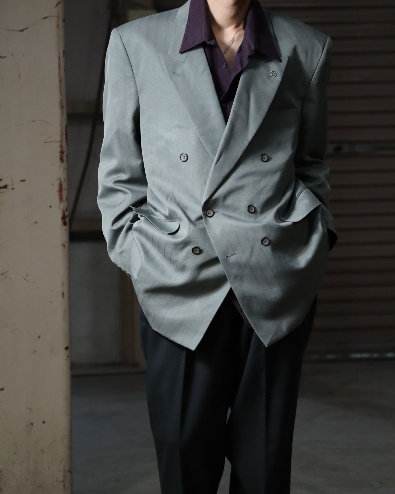 shadow stripe double breasted tailored jacket oversized gray 80s 90s シャドーストライプ柄 ダブル ブレステッド テーラードジャケット グレー オーバーサイズ