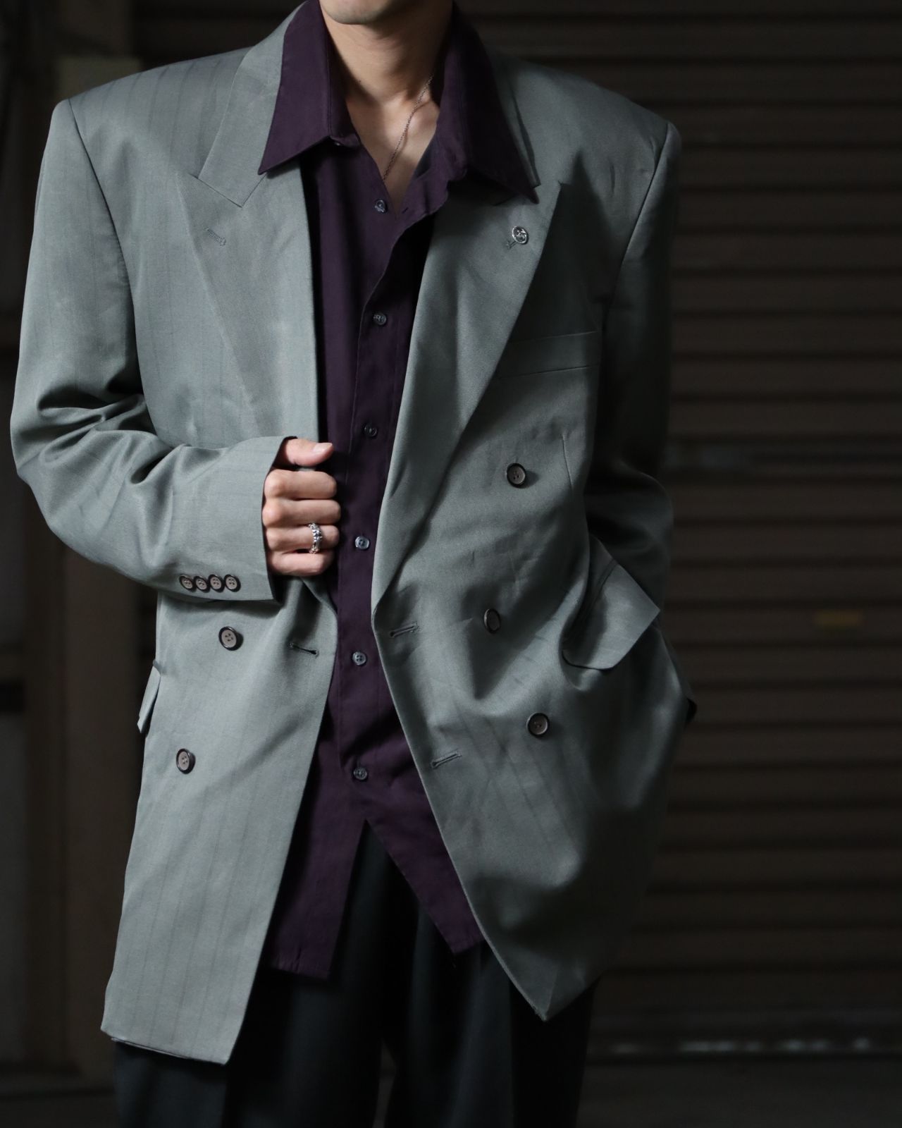 shadow stripe double breasted tailored jacket oversized gray 80s 90s シャドーストライプ柄 ダブル ブレステッド テーラードジャケット グレー オーバーサイズ