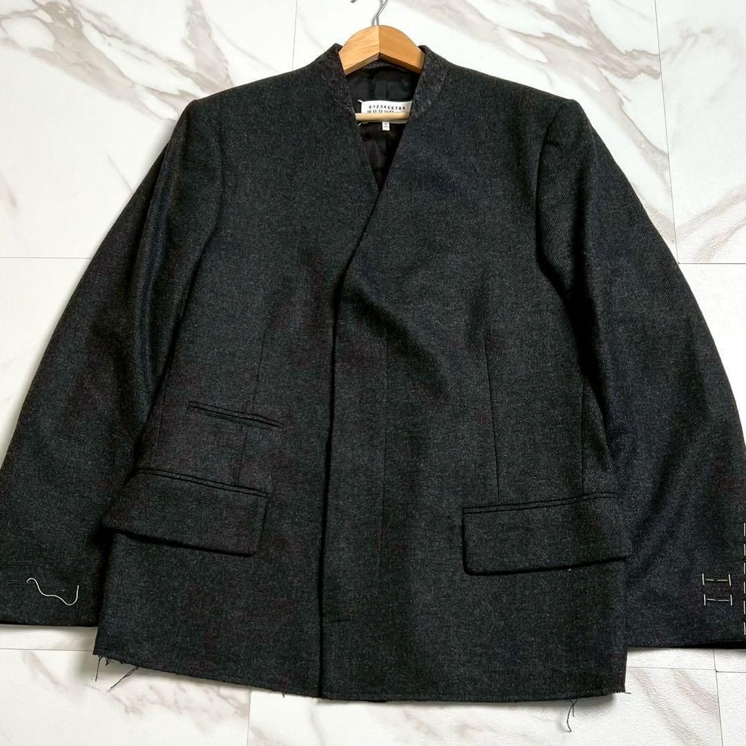 MAISON MARGIELA メゾンマルジェラ 2021SS 14番 切りっぱなし 裁断 ノー レス COLLARLESS テーラードジャケット ウール グレー M相当 メンズ ビッグシルエット オーバーサイズ ガリアーノ期 近年モデル