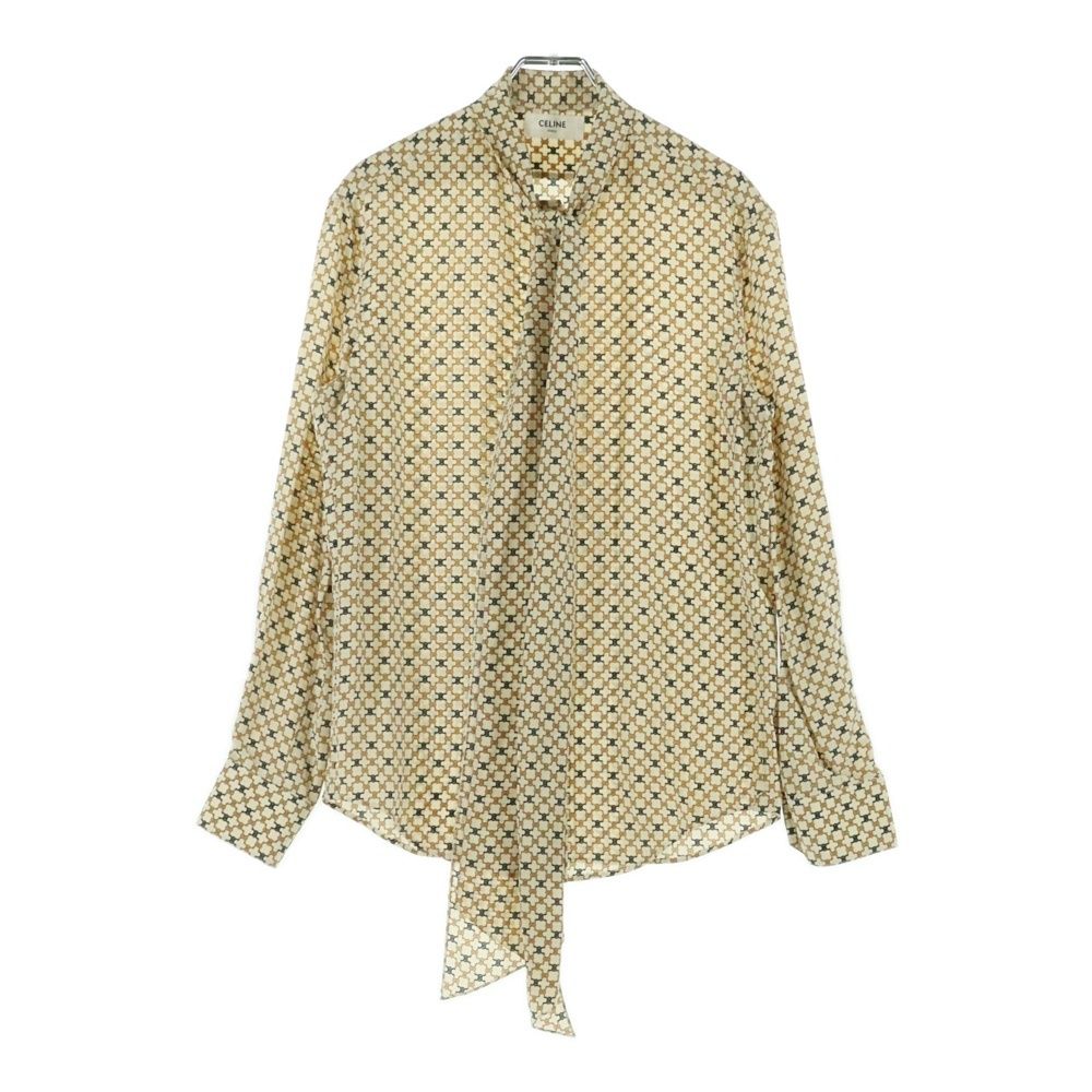 CELINE セリーヌ トリオンフ総柄プリント シルク ボー ロングスリーブ シャツ ブラウス ベージュ レディース 2C204763L