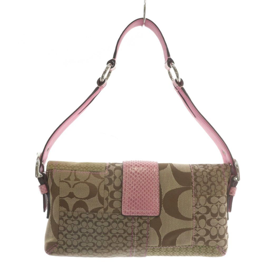 コーチ COACH ハンドバッグ ワンショルダー キャンバス レザー シグネチャー パッチワーク 総柄 ロゴ 茶色 ブラウン ピンク 3689 XZ GY18