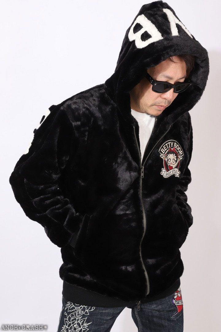 BETTY BOOP ロング丈 ファー ジャケット BBN-2528 ベティブープ NEVERMIND ワッペン