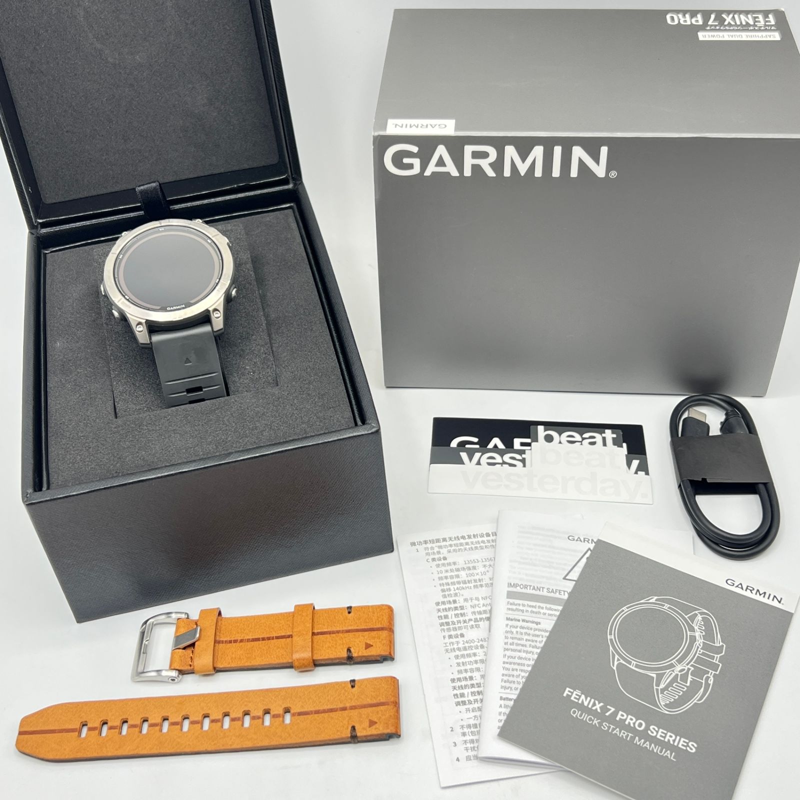 GARMIN fenix 7 Pro Sapphire Dual Power 010-02777-82 Ti Carbon Gray Chestnut Leather Band スマートウォッチ ガーミン フェニックス プロ デュアルパワー 本体