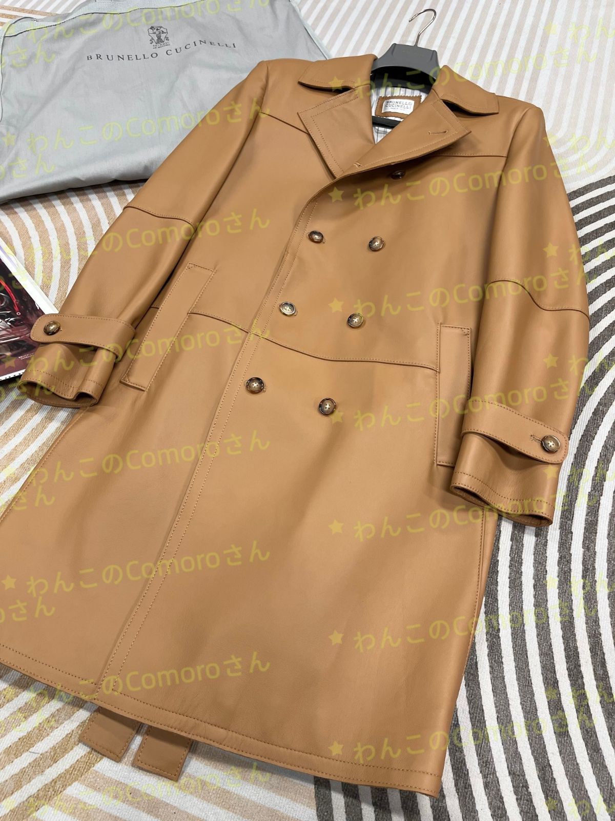 キャメルM 3XL ブルネロクチネリ メンズラムレザー トレンチコート ストライプ裏地 ビジネスカジュアル ベルト付き