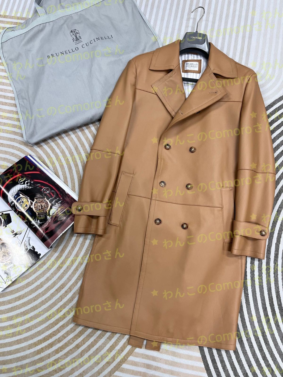 キャメルM 3XL ブルネロクチネリ メンズラムレザー トレンチコート ストライプ裏地 ビジネスカジュアル ベルト付き