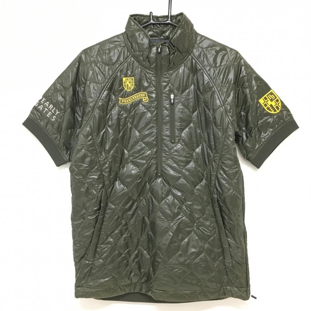 超 パーリーゲイツ 半袖中綿ブルゾン カーキ ハーフジップ ロゴイエロー メンズ 4 M ゴルフウェア PEARLY GATES