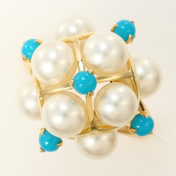 K18YG リング ring 指輪 9号 パール 真珠 約5mm ターコイズ 総重量約3.8g