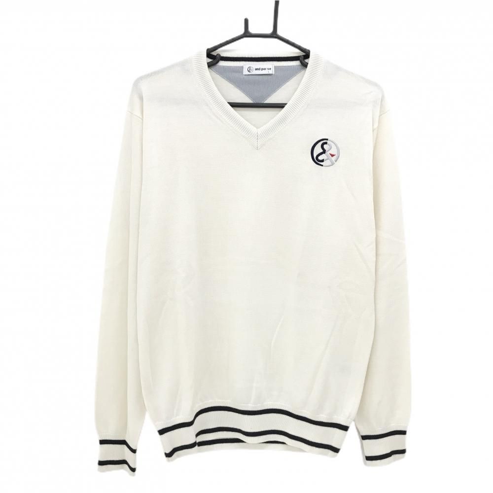 アンパスィ セーター アイボリー×黒 Vネック ロゴ刺しゅう ウール混 ニット メンズ L ゴルフウェア and per se