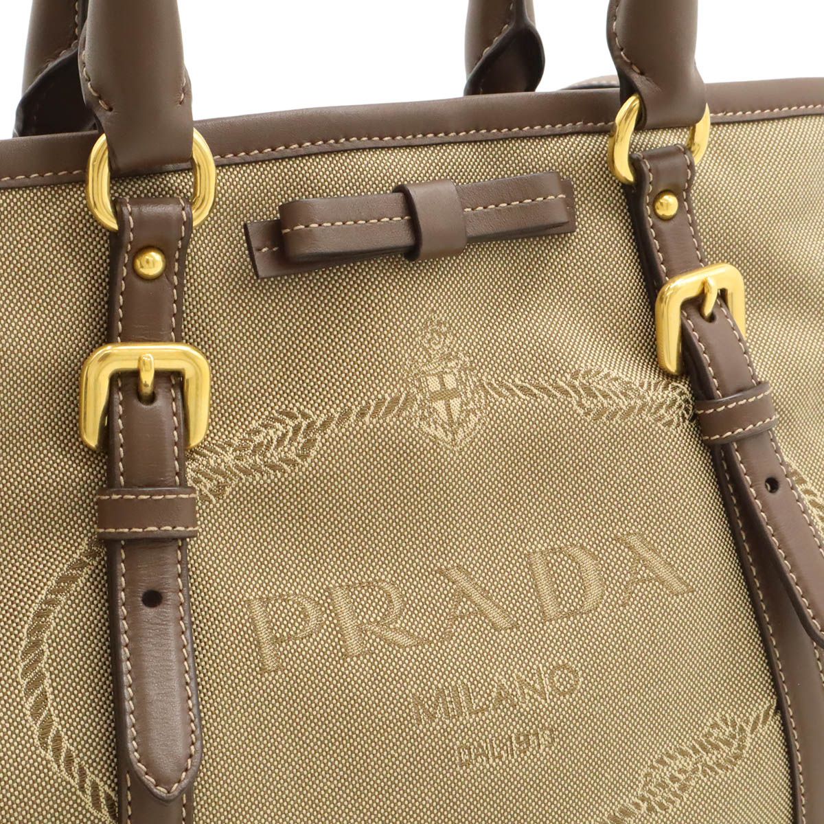  PRADA プラダ ロゴジャガード リボン ハンドバッグ トートバッグ 2 WAY ショルダーバッグ キャンバス カーキベージュ モカブラウン BN 1841 ショルダーバッグ ショルダーバッグ