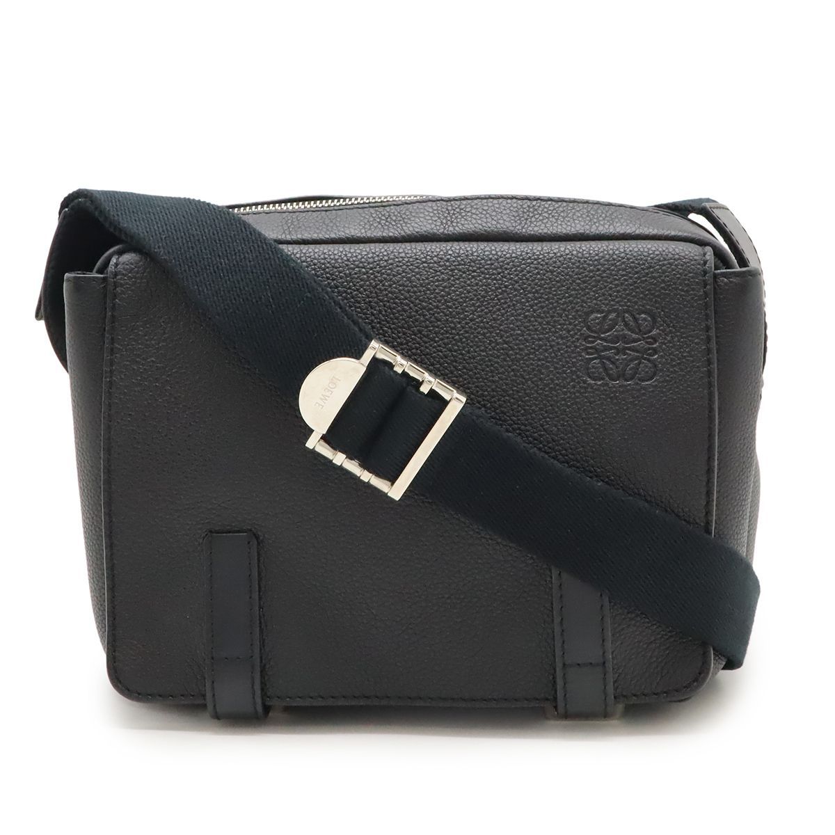 LOEWE ロエベ アナグラム ミリタリー メッセンジャーバッグ XS ショルダーバッグ 斜め掛け レザー ブラック 黒 シルバー金具 317.12AA72