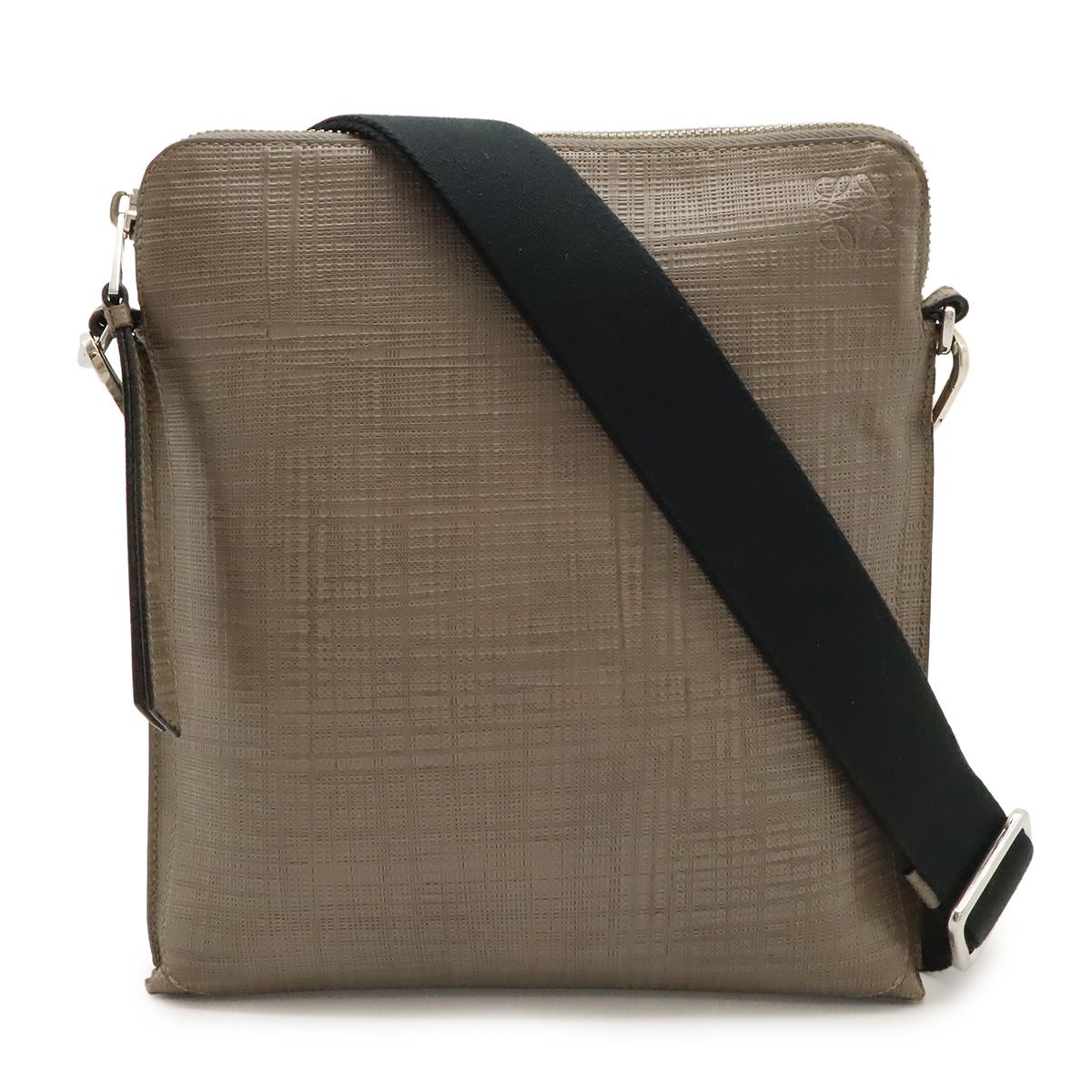 LOEWE ロエベ リネン アナグラム ショルダーバッグ 斜め掛け レザー グレージュ シルバー金具