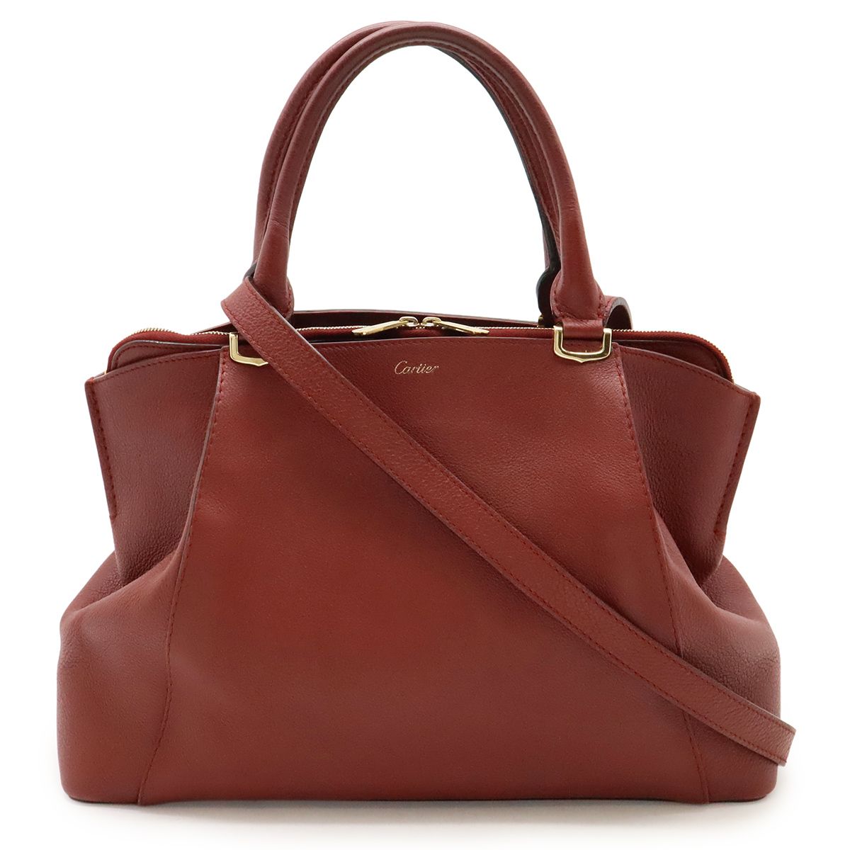 Cartier カルティエ C ドゥ カルティエ SM ハンドバッグ トートバッグ 2WAY ショルダーバッグ 斜め掛け レザー ボルドー ゴールド金具