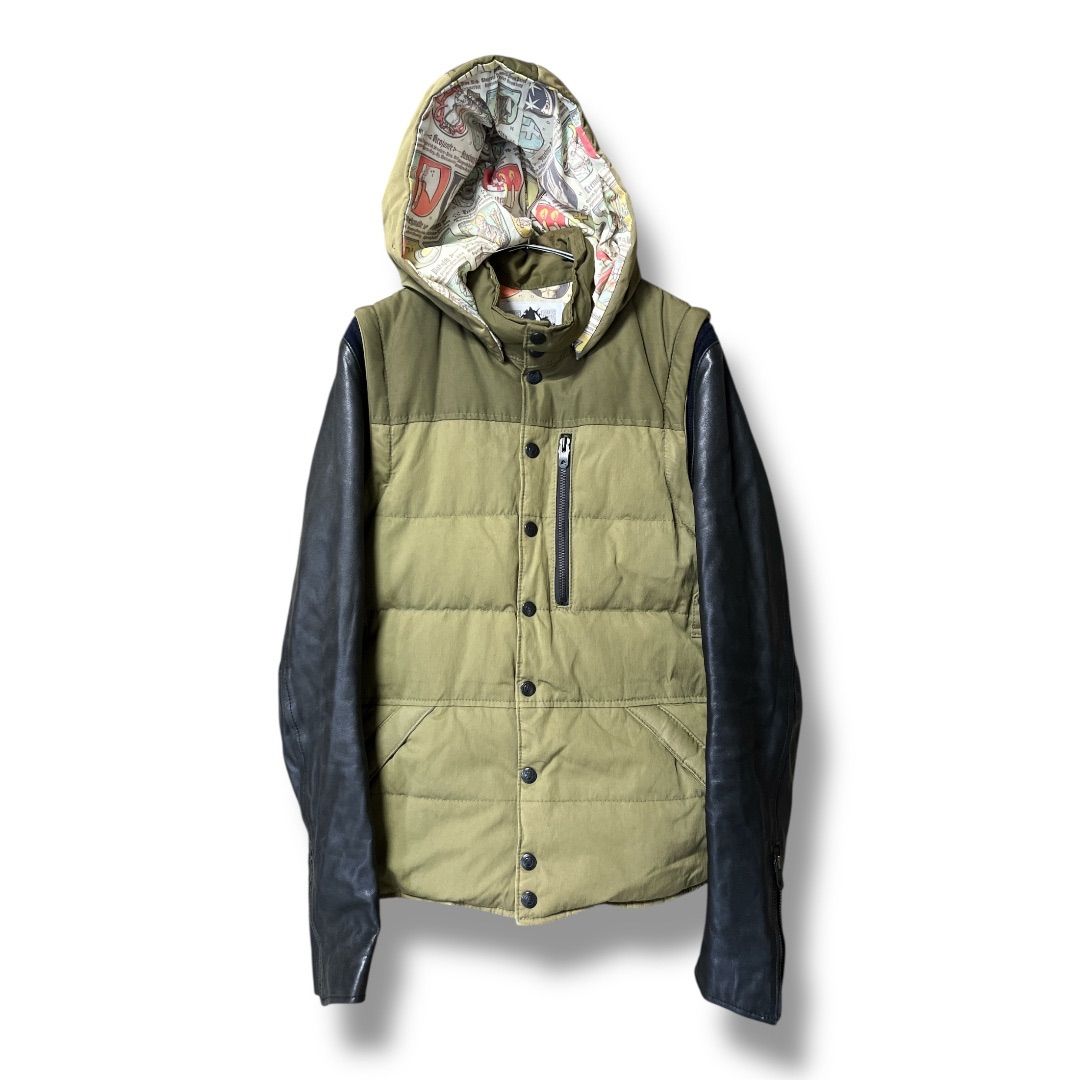 Advantage Cycle アドバンテージサイクル レザースリーブ ダウンジャケット フード革袖取り外し 防寒 アウター 紳士 ジャンパー ベスト メンズ サイズS 冬 カーキ×ブラック 久喜倉庫店 42 No.K815Y
