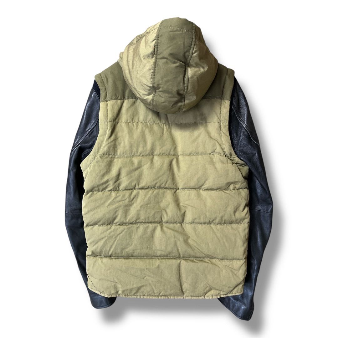 Advantage Cycle アドバンテージサイクル レザースリーブ ダウンジャケット フード革袖取り外し 防寒 アウター 紳士 ジャンパー ベスト メンズ サイズS 冬 カーキ×ブラック 久喜倉庫店 42 No.K815Y