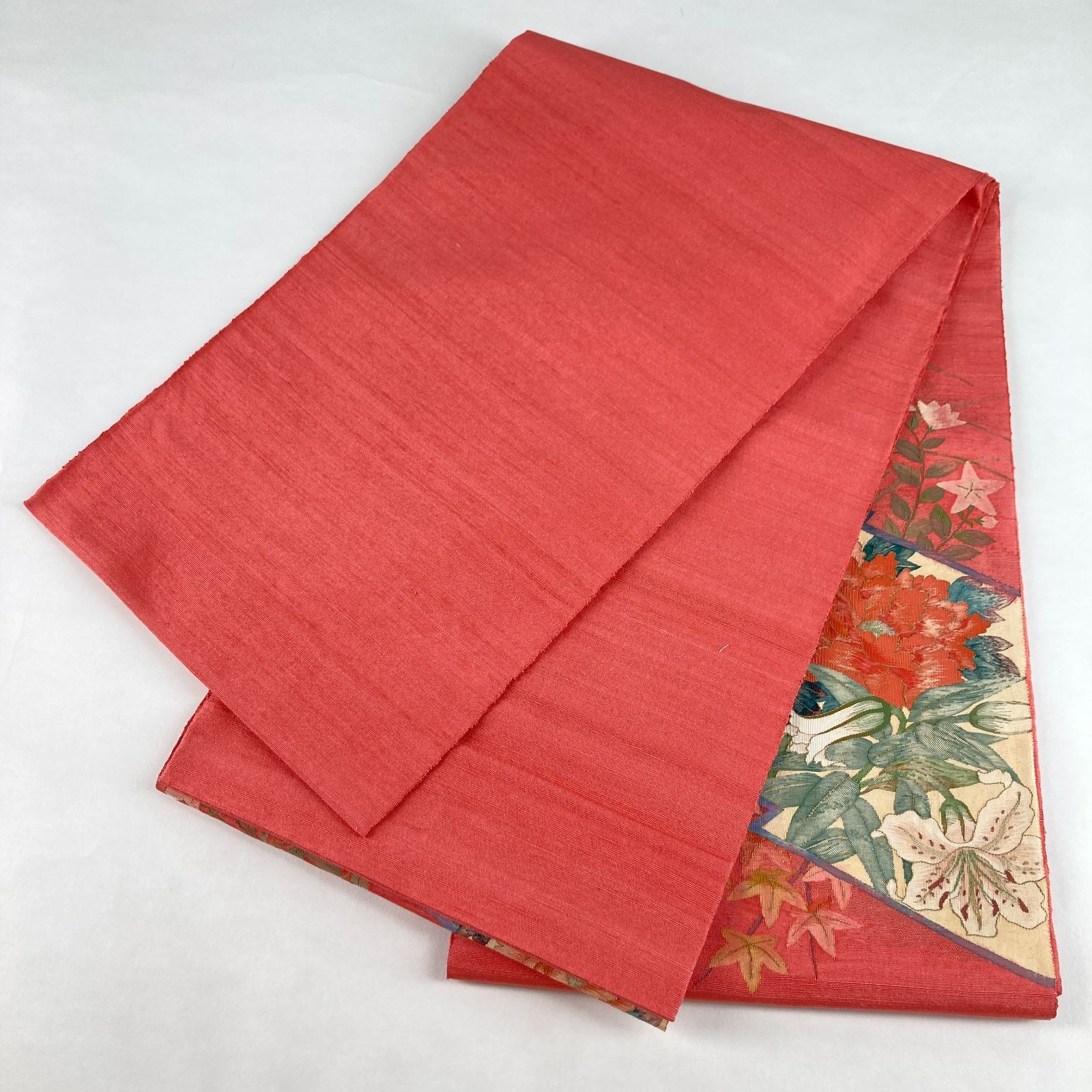  たんす屋 リユース帯 帯 袋帯 濃珊瑚 ピンク カジュアル セミフォマール 綴れ織 松皮菱 牡丹 百合 絹 六通 未洗い MS 6424 袋帯 帯