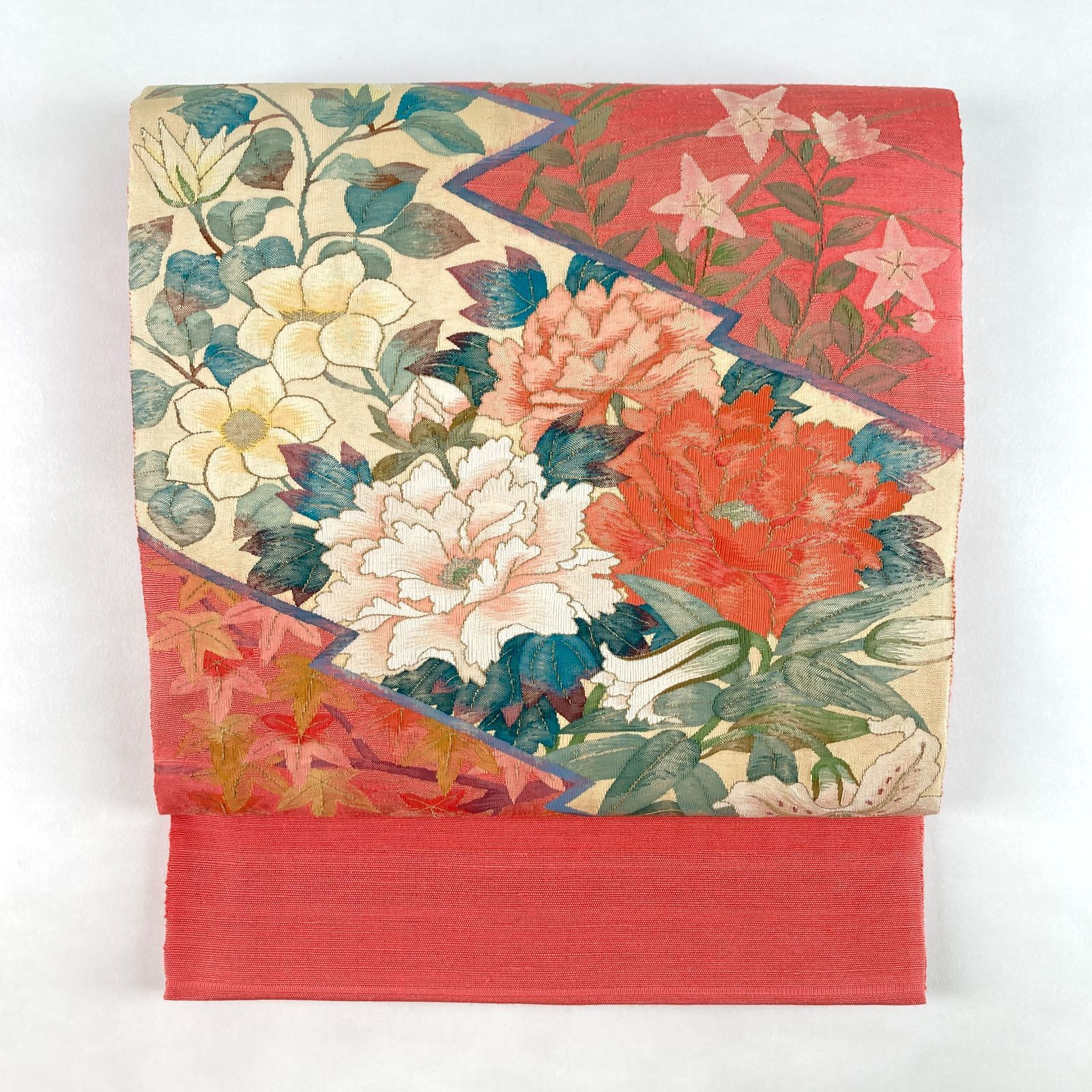 たんす屋 リユース帯 帯 袋帯 濃珊瑚 ピンク カジュアル セミフォマール 綴れ織 松皮菱 牡丹 百合 絹 六通 未洗い MS 6424