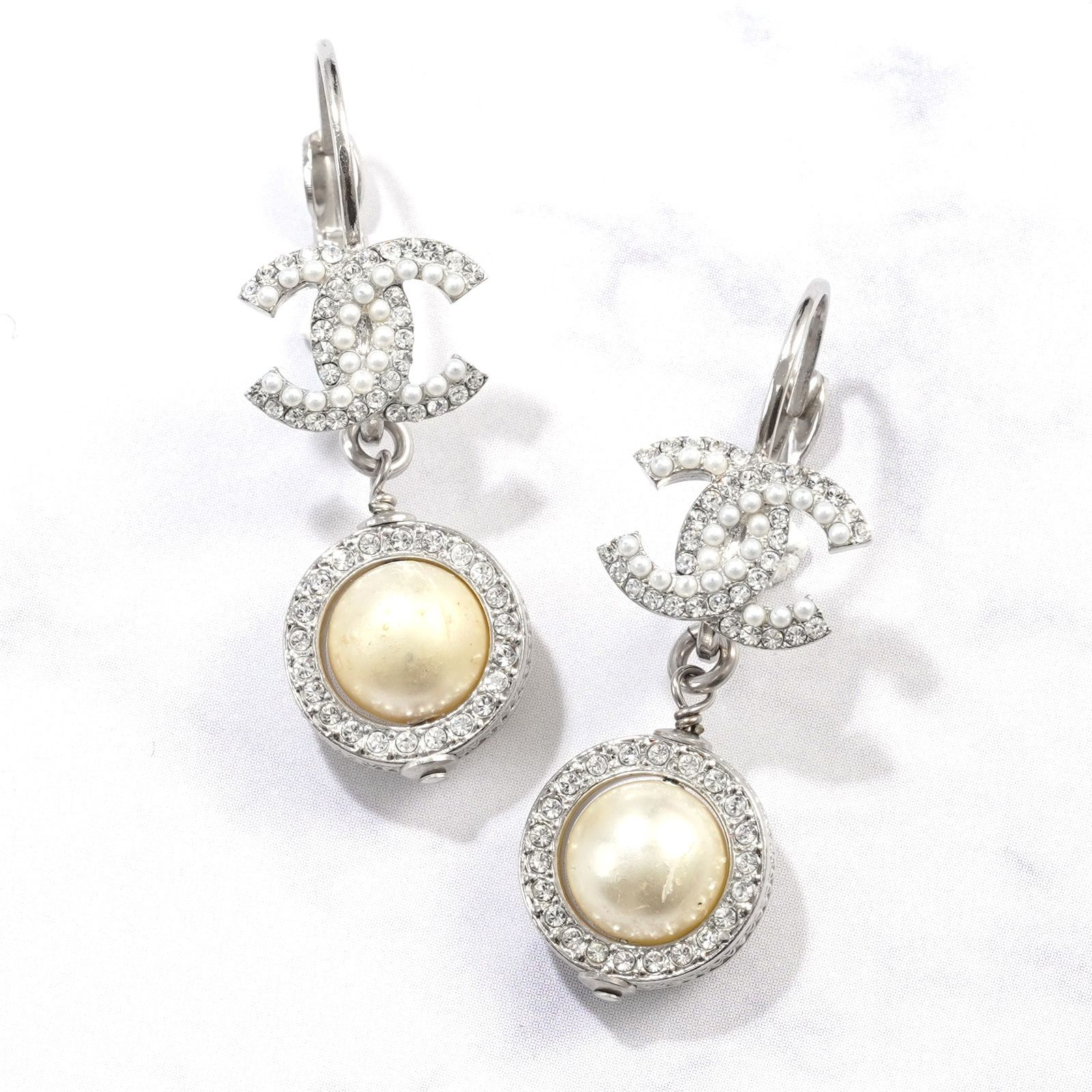 CHANEL ココマーク ラインストーン パール シルバー ピアス