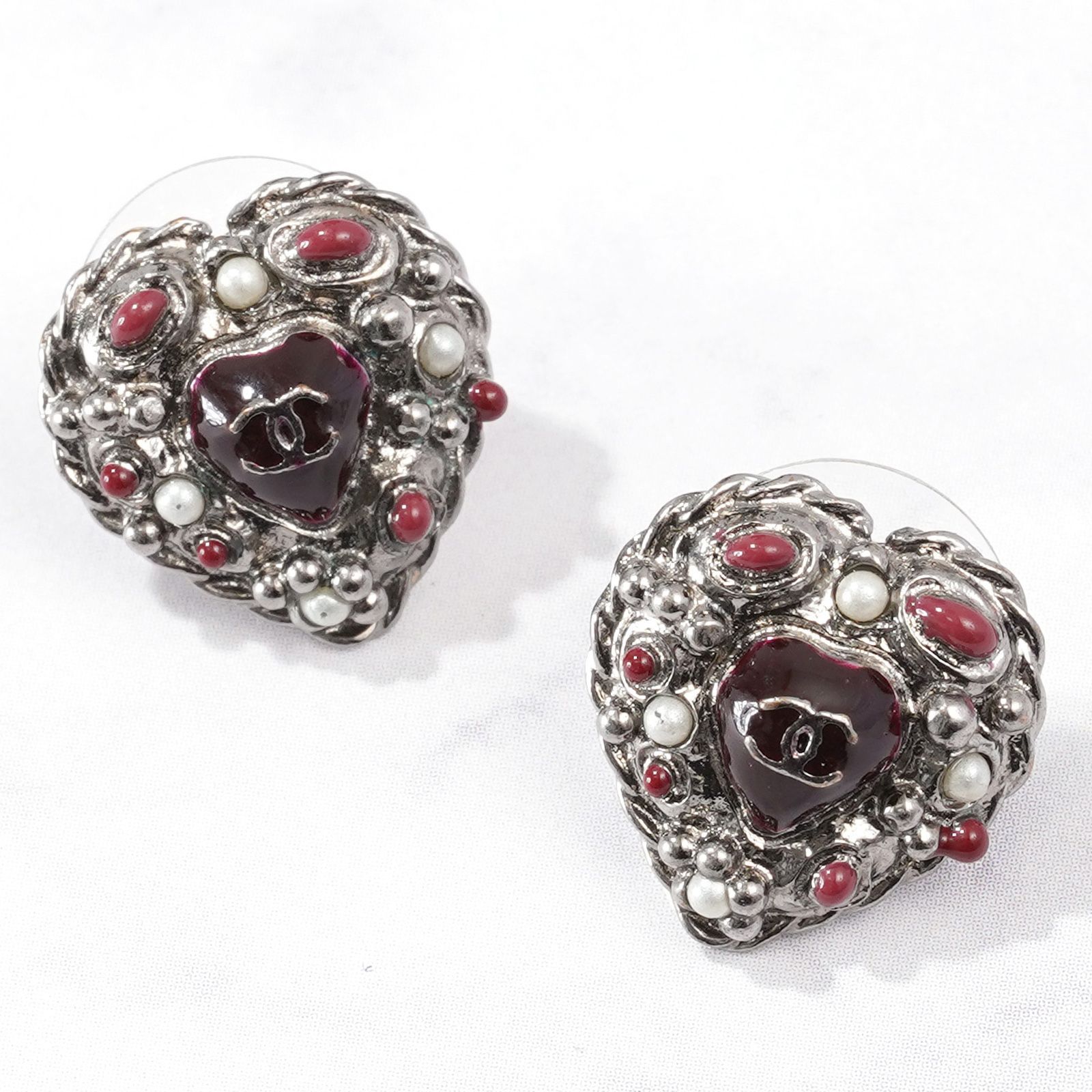 CHANEL 2011 ココマーク パール シルバー ハート ピアス B11A