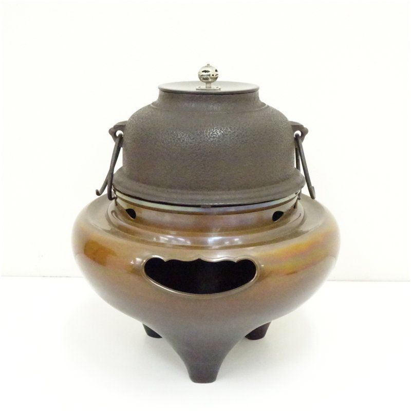 釜師 道彦造 唐銅朝鮮風炉釜（銀ツマミ）（共箱） 茶道 茶道具