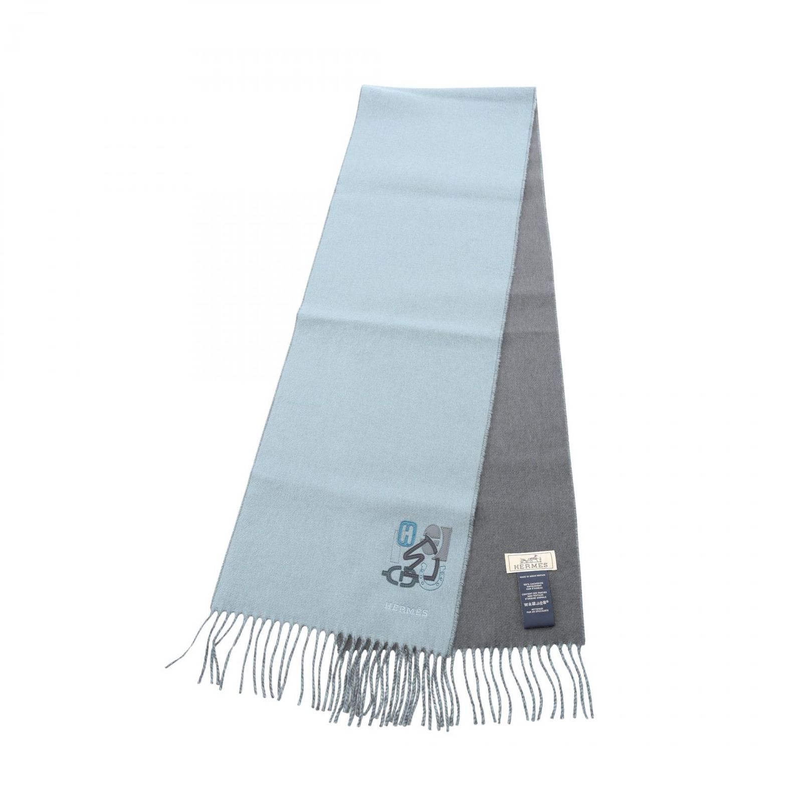 エルメス HERMES マフラー H パズル 水色 グレー カシミヤ マフラー メンズ Used A