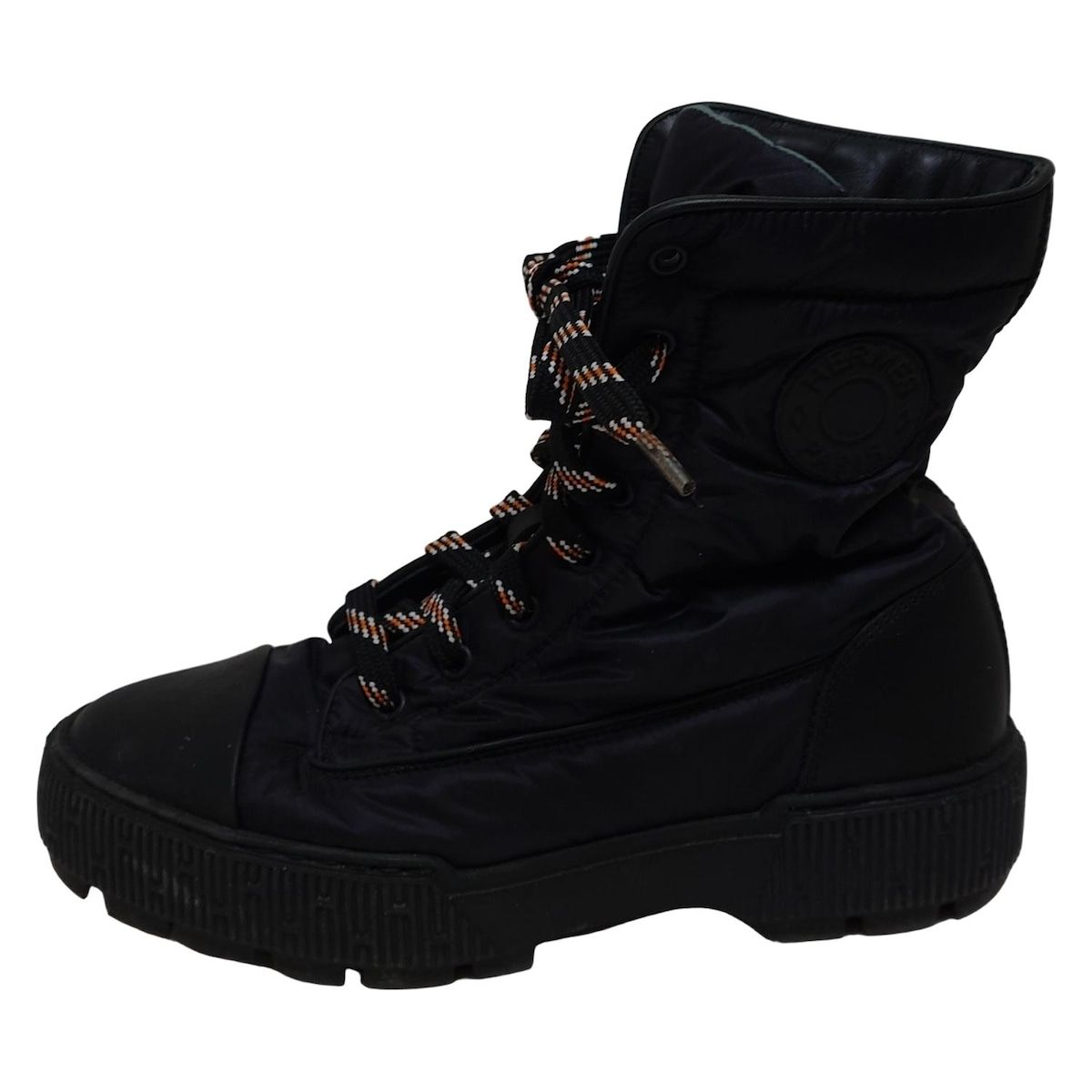 HERMES エルメス ショートブーツ 37 1 2 レディース フレッシュ 黒 パラシュートシルク レザー