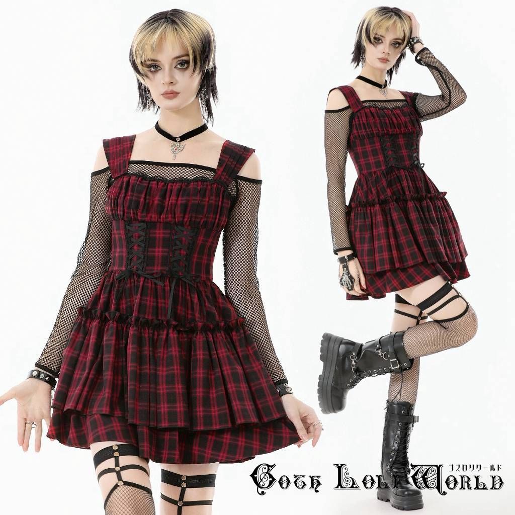 ゴスロリワールド DW 1118 地雷系 ファッション レッドチェック ワンピース ジャンパースカート ゴシック ゴスロリ ロリィタ ヴィジュアル系