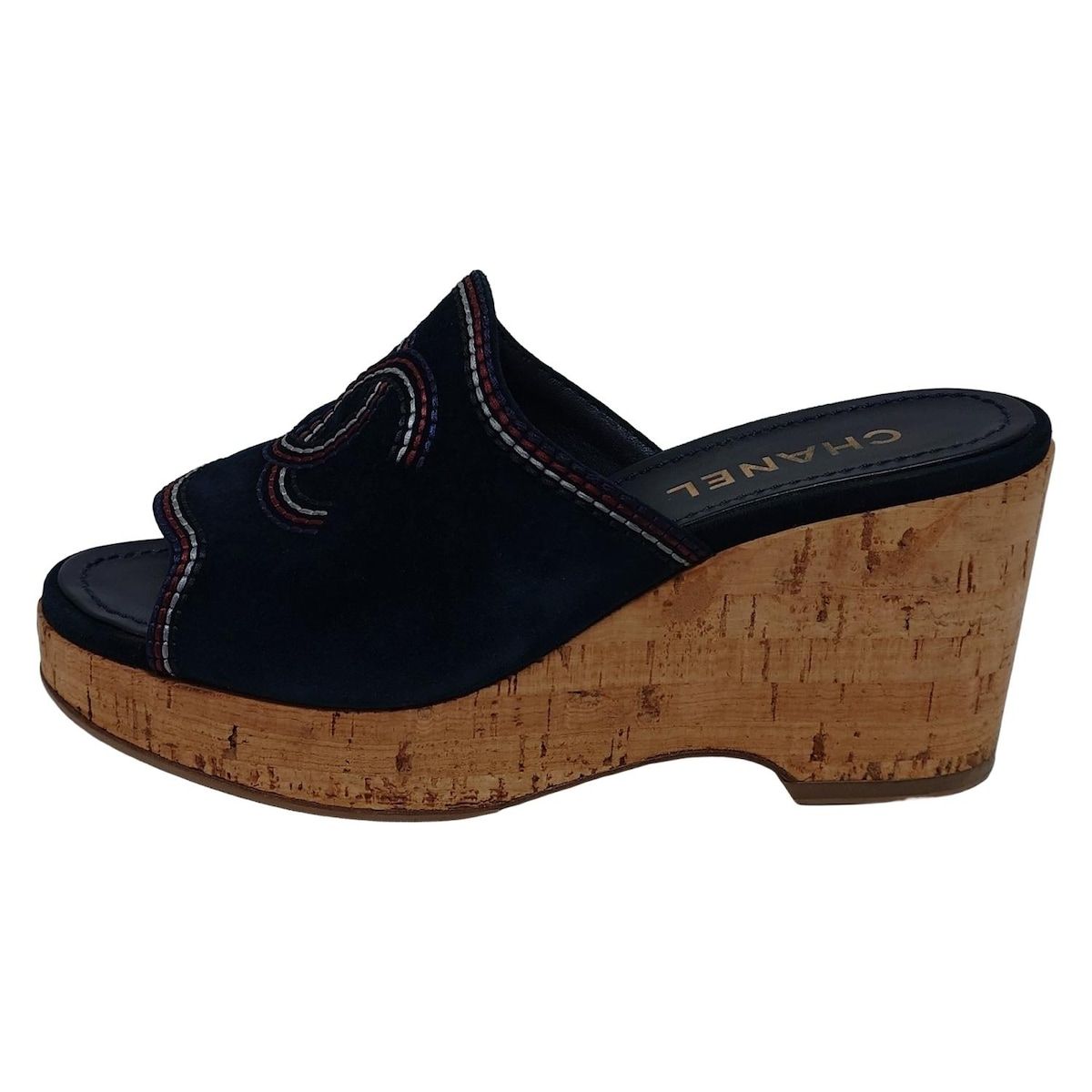 CHANEL シャネル ミュール 37 C レディース G 37234 ダークネイビー ステッチ ココマーク