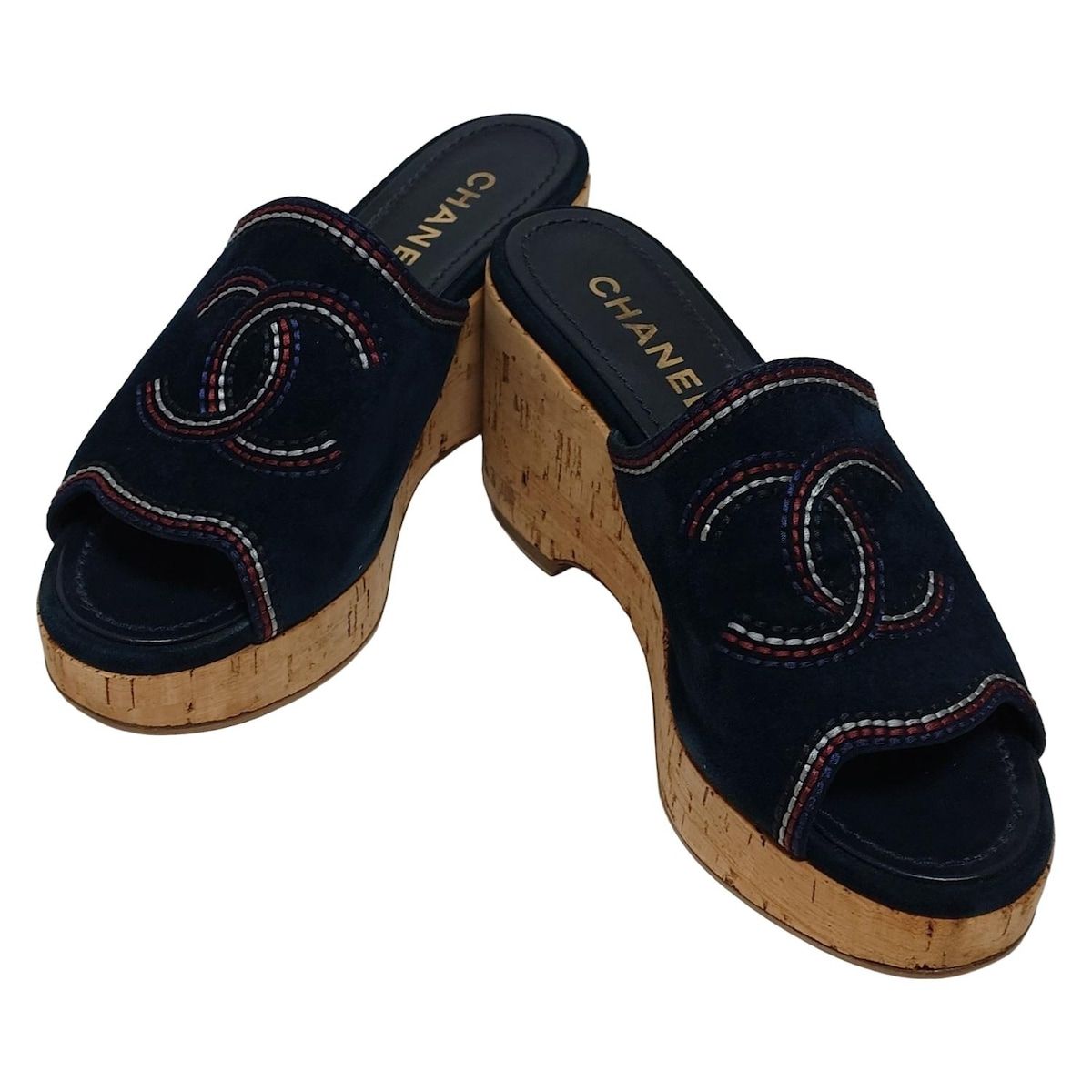 CHANEL シャネル ミュール 37 C レディース - G 37234 ダークネイビー ステッチ ココマーク