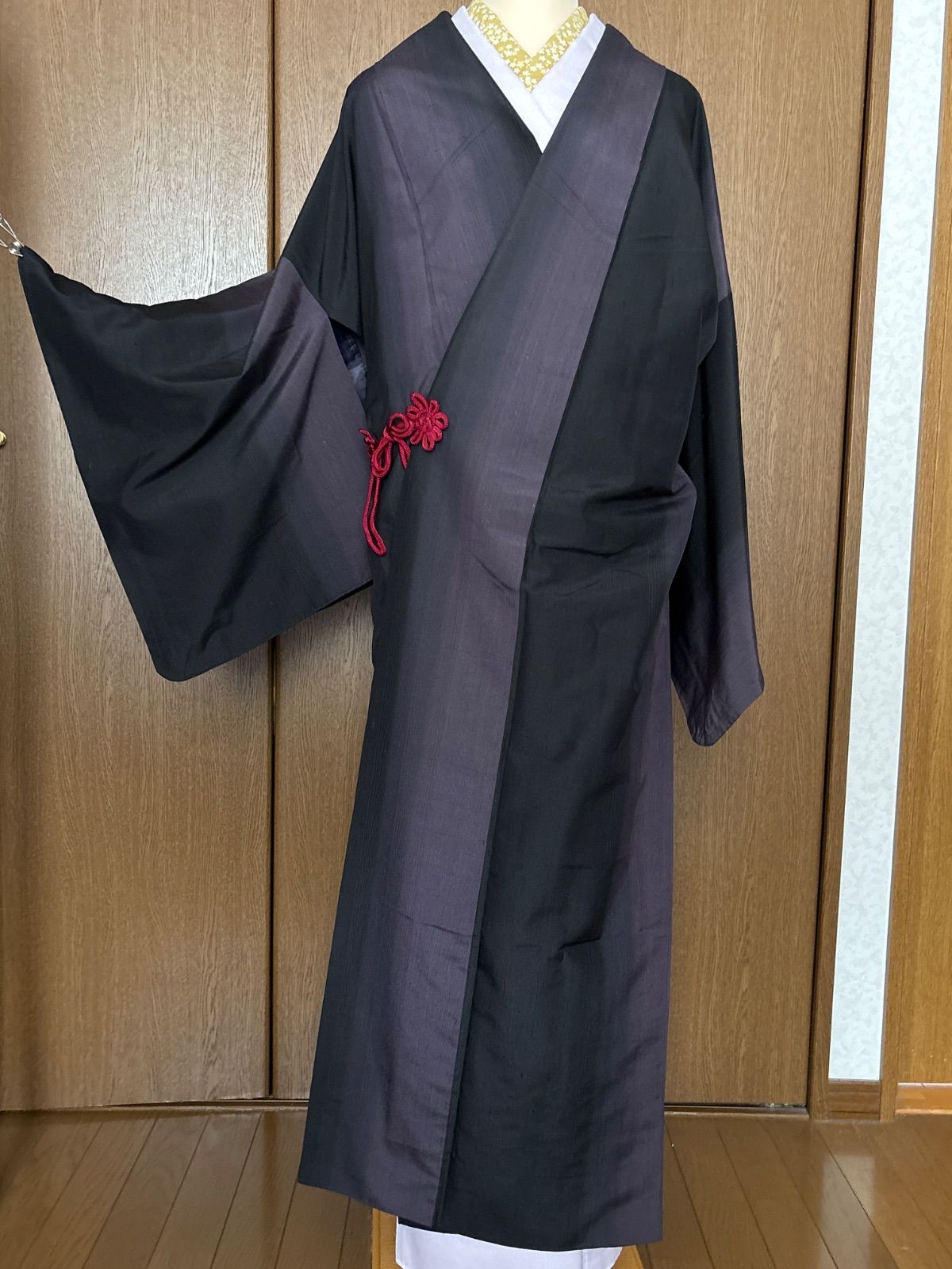 大人カッコイイ 紬袷道中着 紫 黒 裄69