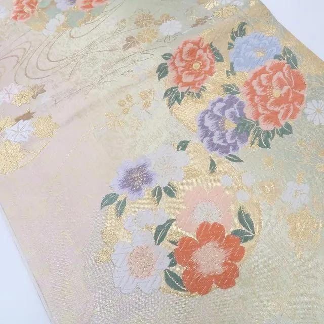 百華 N-953 桜 牡丹 正絹 袋帯 着物