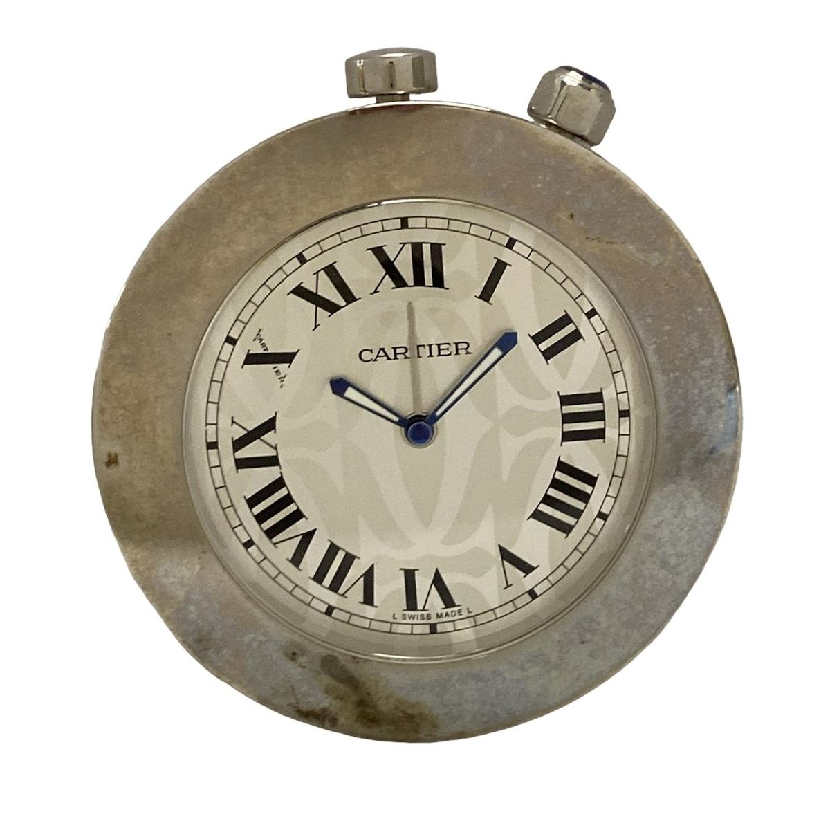 【全品送料無料】 Cartier カルティエ 小物 - シルバー 置時計 トラベルクロック アラーム付き機能付き クォーツ 動作 出来ず