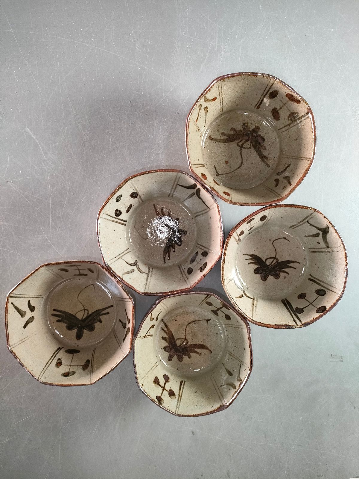 S15-3 唐津焼 十三代中里太郎右衛門窯 絵唐津向付5客 共箱 銘々皿 飾鉢 盛鉢 懐石道具
