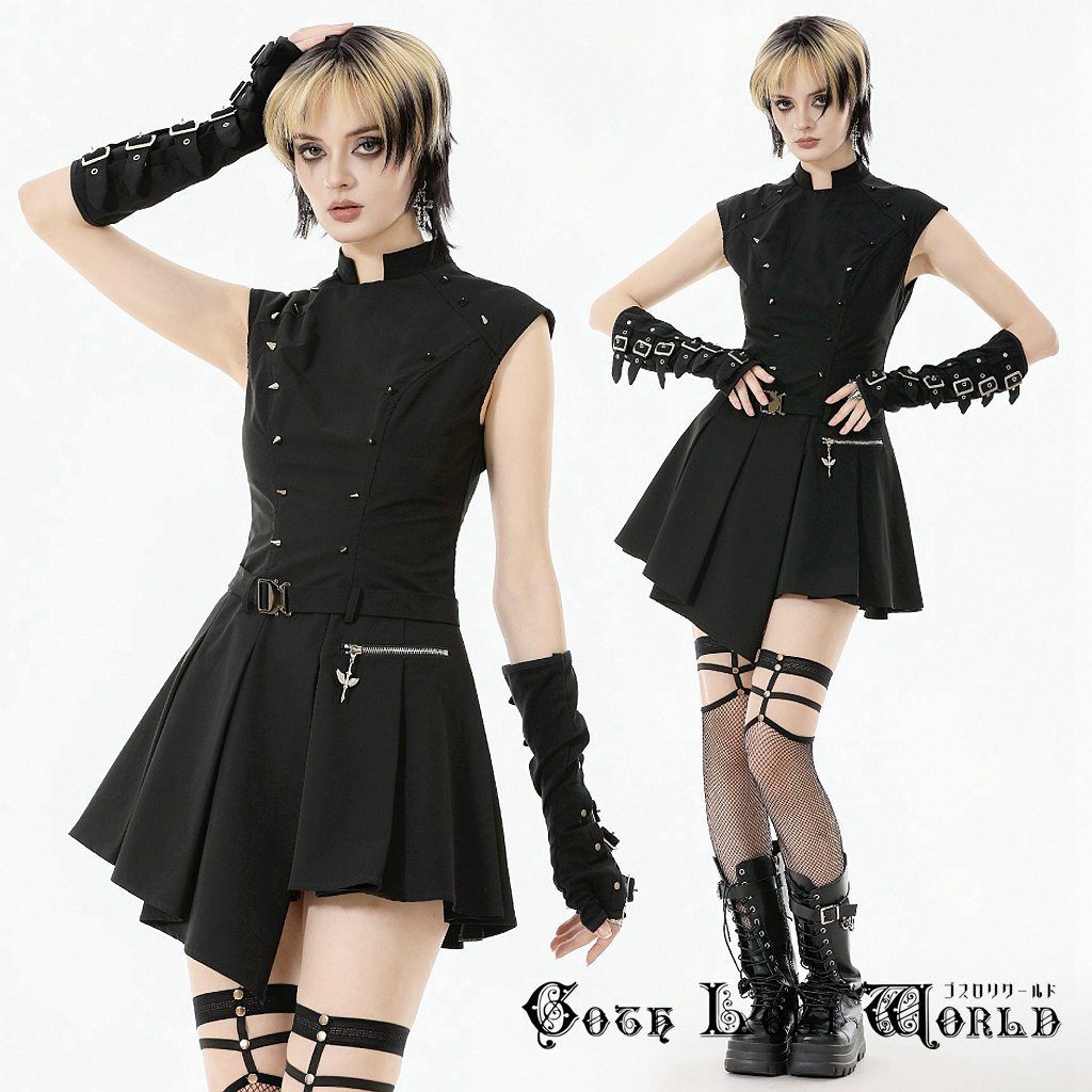 ゴスロリワールド DW1125 地雷系 ファッション ノースリーブ ウエストベルト ワンピース ゴシック ゴスロリ ロリィタ ヴィジュアル系 個性的 ライブ衣装