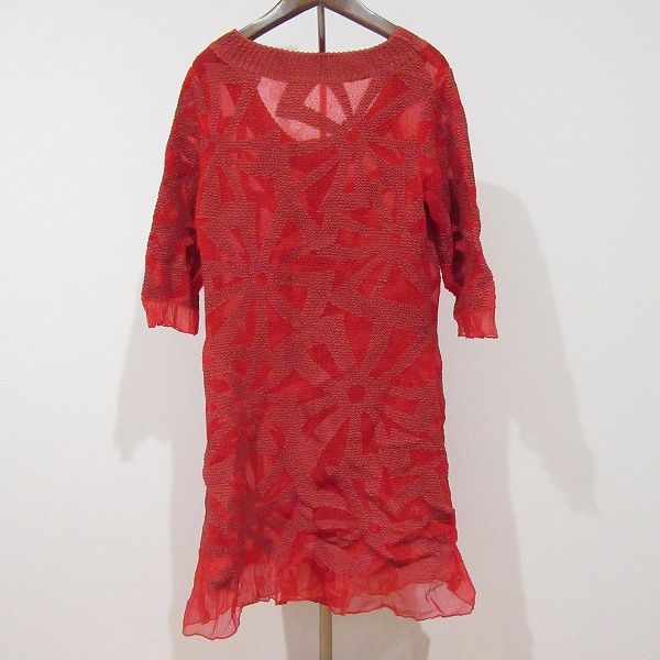 anc ノコ オーノ NOKO OHNO カーディガン 42 赤 ビジュー 花モチーフ スパンコール 絞り加工 レディース 969512