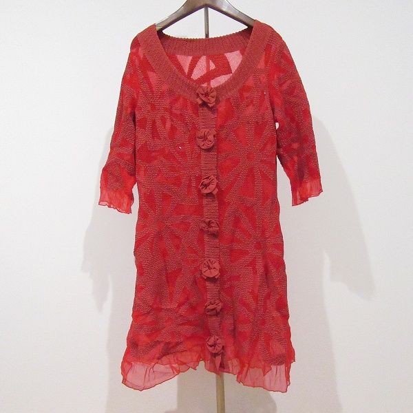 anc ノコ オーノ NOKO OHNO カーディガン 42 赤 ビジュー 花モチーフ スパンコール 絞り加工 レディース 969512